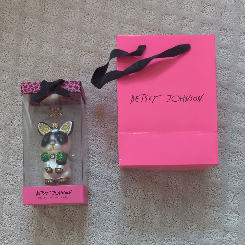 Betsey Johnson Pink and Gold Bunny Ornament with Gift Bag